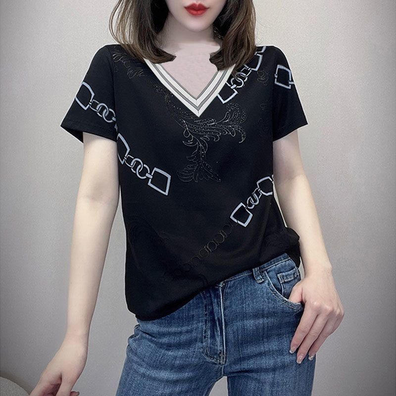 Color Matching Polo Collar Printed Rhinestones Short Sleeve Women's Top