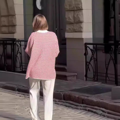 Color Matching Polo Collar Coat Cardigan Women's Clothes