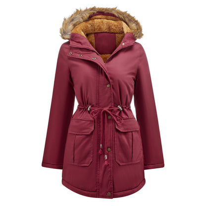 Women's Hooded Fur Collar Fleece-lined Warm Jacket