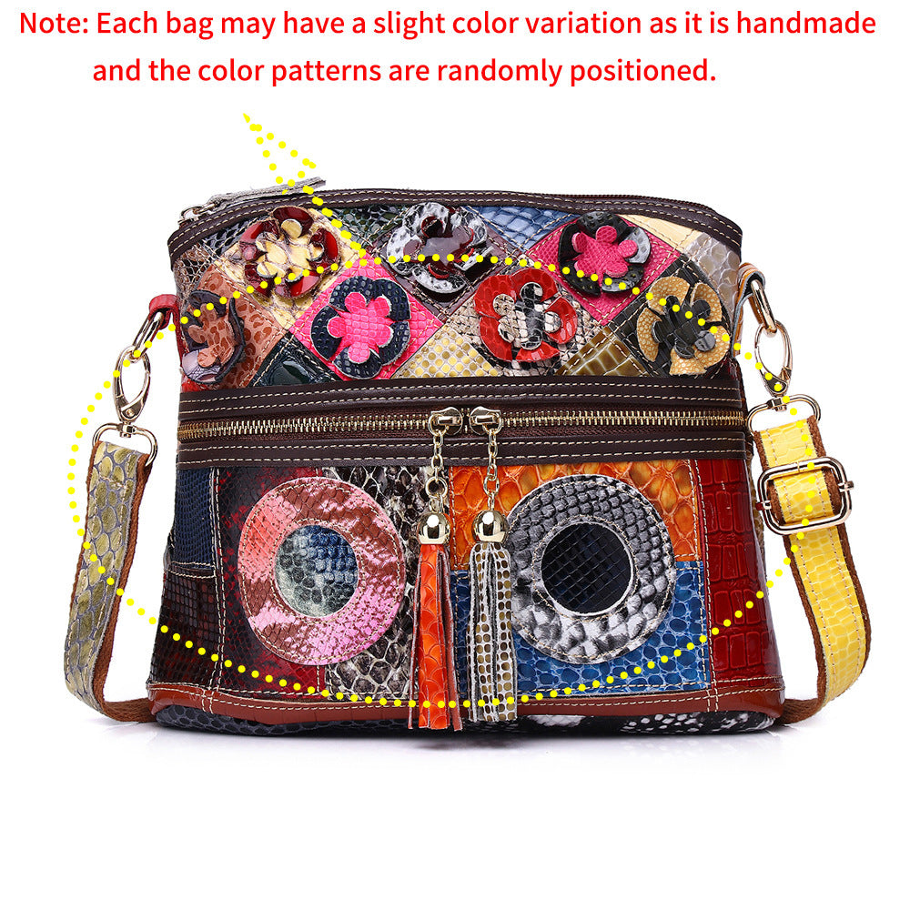 Genuine Leather Serpentine Color Handmade Casual Daily Tassel Flowers Shoulder Messenger Bag For Women