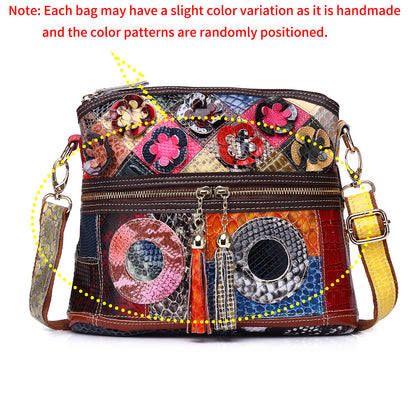 Genuine Leather Serpentine Color Handmade Casual Daily Tassel Flowers Shoulder Messenger Bag For Women
