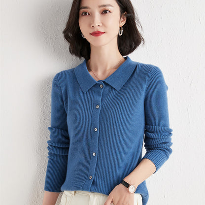 Polo Collar Slim Fit Slimming Long Sleeves Top Breasted Cardigan