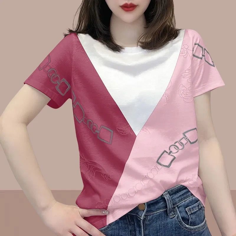 Color Matching Polo Collar Printed Rhinestones Short Sleeve Women's Top