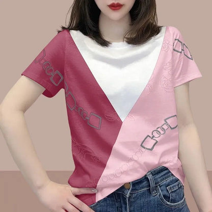 Color Matching Polo Collar Printed Rhinestones Short Sleeve Women's Top