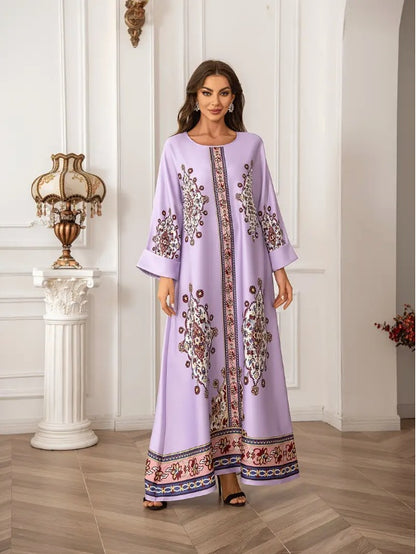 Elegant Floral Print Long Sleeve Abaya Dress