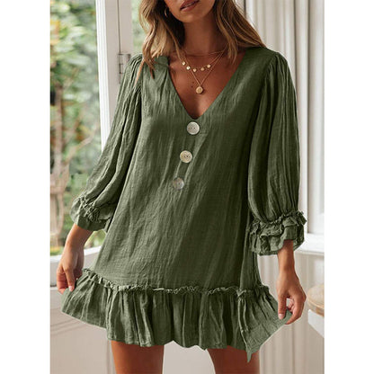 Women's Fashion Loose-fitting Long Sleeves Ruffled Hem Cotton Linen Dress