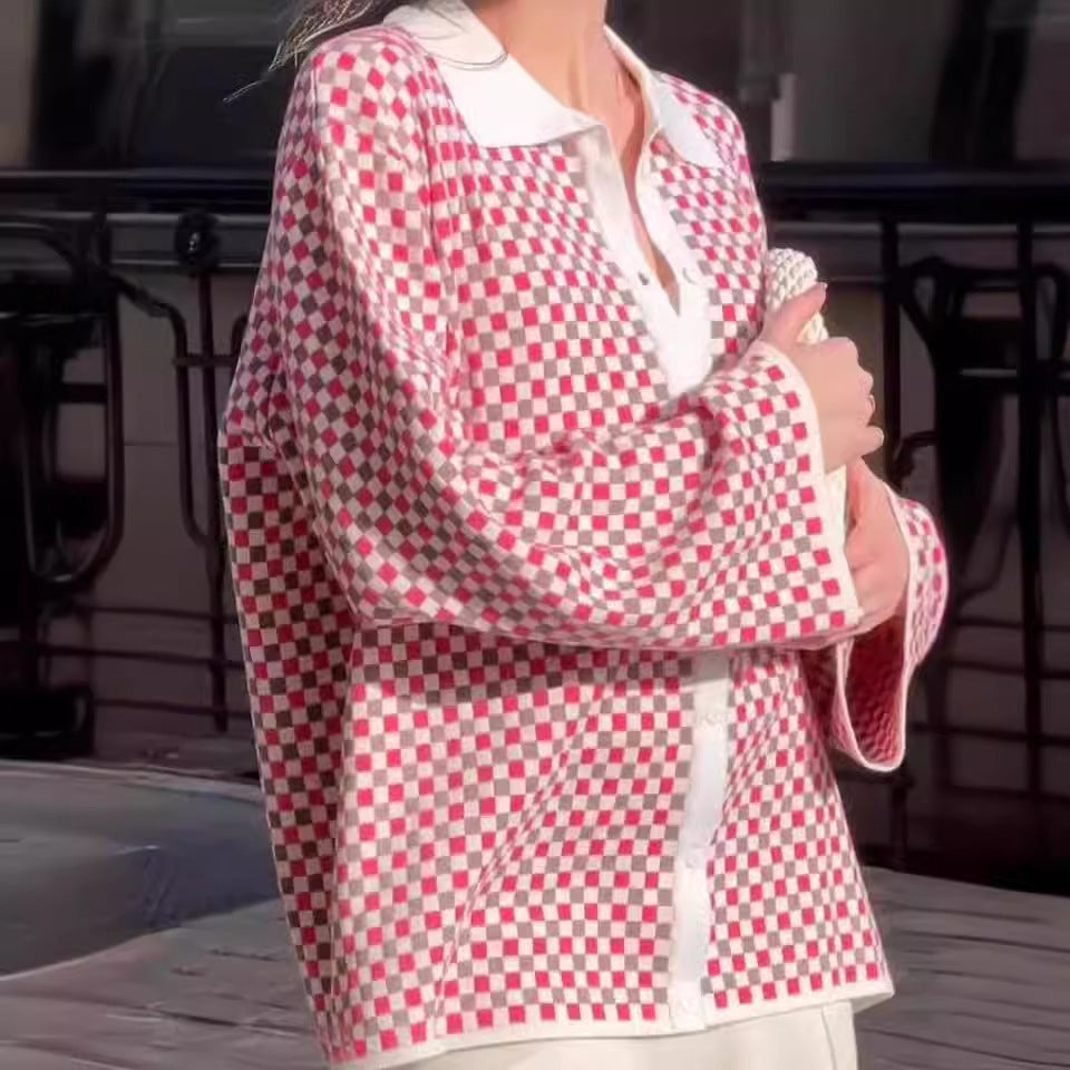 Color Matching Polo Collar Coat Cardigan Women's Clothes