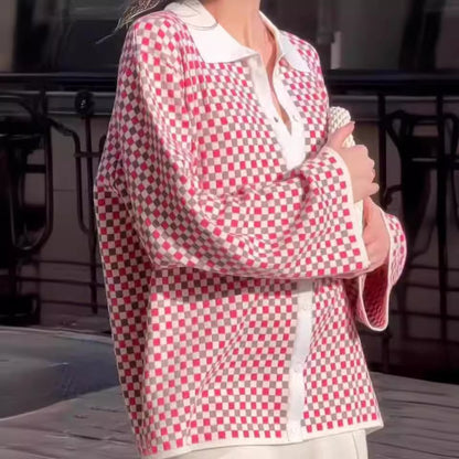 Color Matching Polo Collar Coat Cardigan Women's Clothes