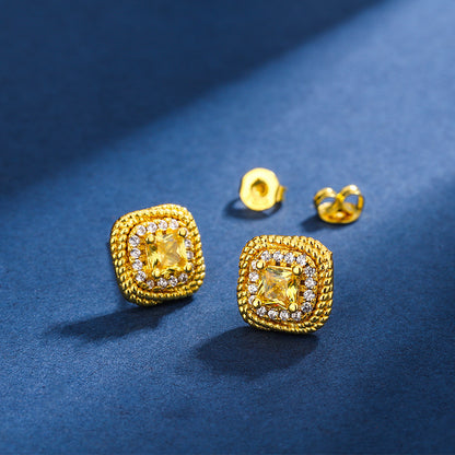 Women's Simple Small Sugar Cube Rings Ear Studs Jewelry Copper-plated Gold Jewelry Suit