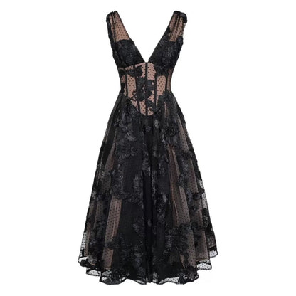 Black Deep V-neck Mesh A- Line High-end Evening Dress
