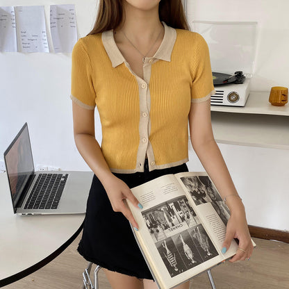 Vintage Short Sleeve Polo Neck Contrast Ice Silk Knit Sweater