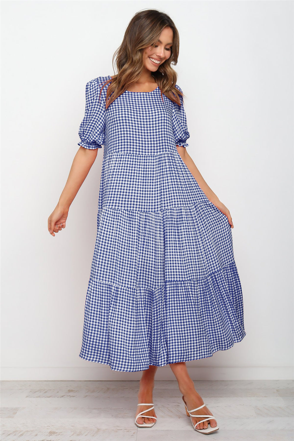 Puff Sleeves Plaid Polka Dot Stitching Loose Dress Long Skirt