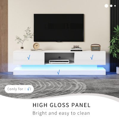 160 Cm TV Stand With16 Colour RGB LED Lights, High Gloss Front TV Cabinet With 2 Drawers And 1 Open Storage Space, TV Unit For 70-79 Inch TV For Living Room, White