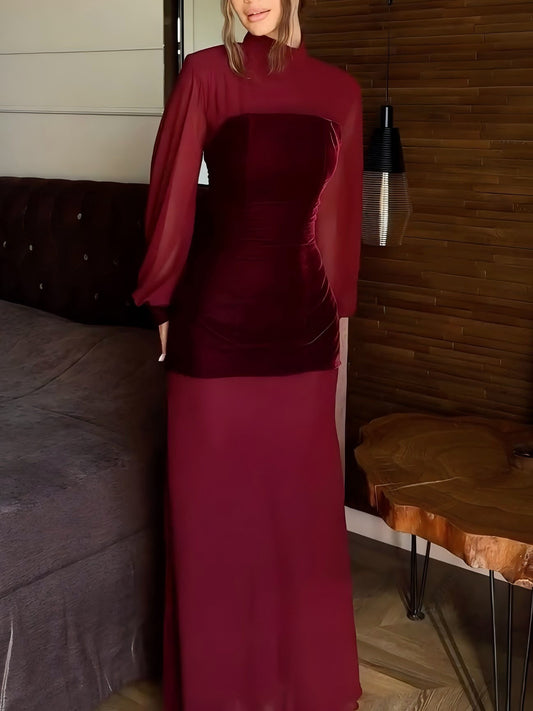 Burgundy Velvet Waist Long-sleeved Maxi Dress