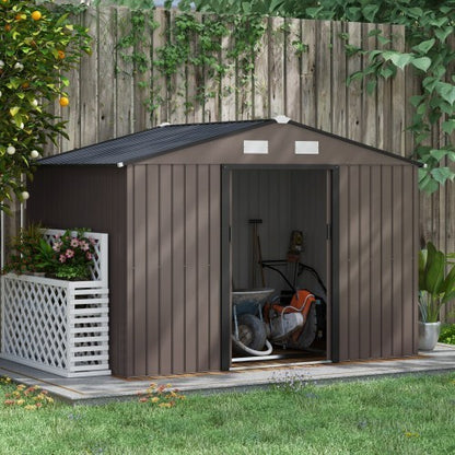 Outsunny 9 X 6ft Metal Garden Shed, Outdoor Storage Tool House With Ventilation Slots, Foundation Kit And Lockable Double Doors, Brown