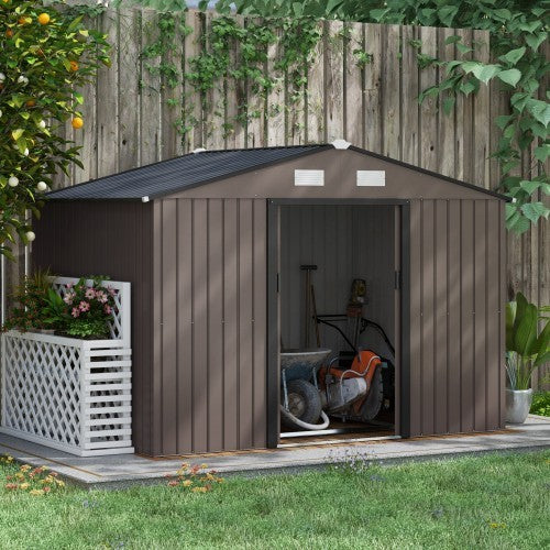 Outsunny 9 X 6ft Metal Garden Shed, Outdoor Storage Tool House With Ventilation Slots, Foundation Kit And Lockable Double Doors, Brown