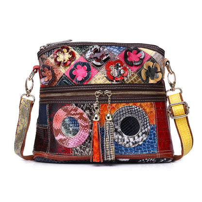 Genuine Leather Serpentine Color Handmade Casual Daily Tassel Flowers Shoulder Messenger Bag For Women