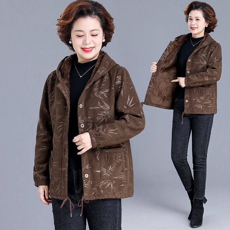 Fleece Lined Coat Hooded Short Middle-aged And Elderly Women's Wadded Jacket