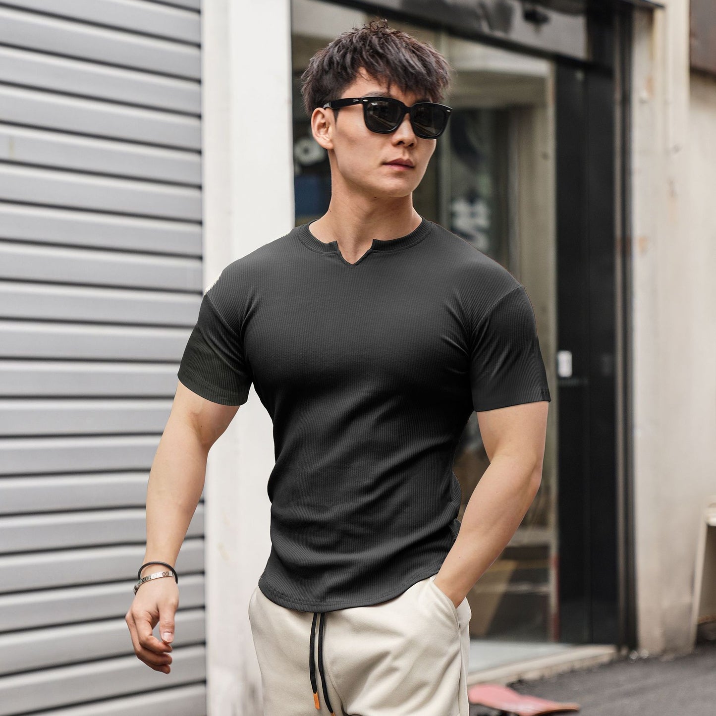 Workout Casual Small Collar Short Sleeve Thread Cloth Personality Training