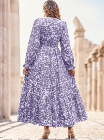 Floral Print Flounce Sleeve Shirred Dress Maxi Women Outfit