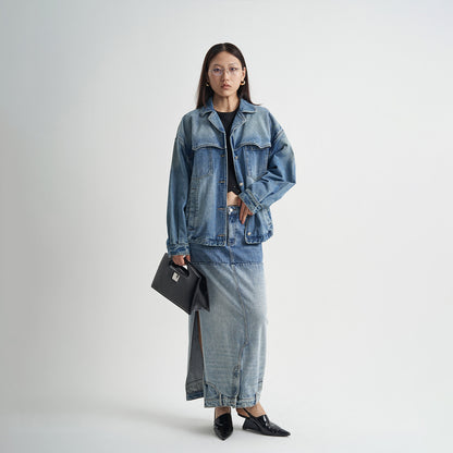 Washed Denim Long Skirts Stitching Design Women's Clothing