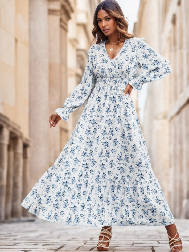 Floral Print Flounce Sleeve Shirred Dress Maxi Women Outfit