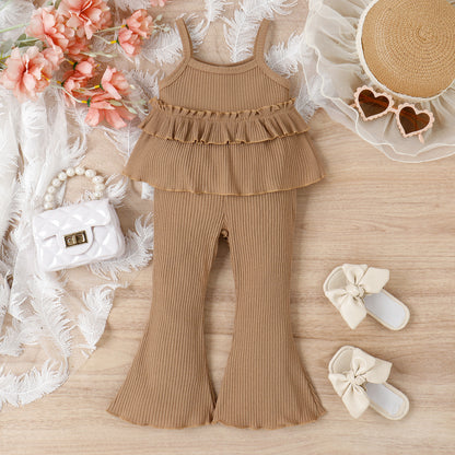 Children's Clothing Springsummer Young And Little Girls Sling Lace-collared Blouse Horn Sunken Stripe Trousers Two-piece Suit