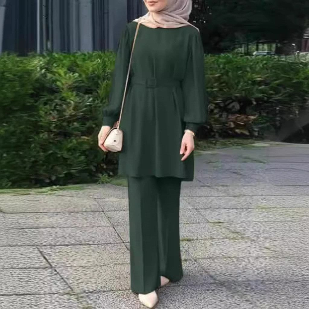 Middle East Muslim Round Neck Long Sleeve Belt Elastic Waist Top And Trousers Suit