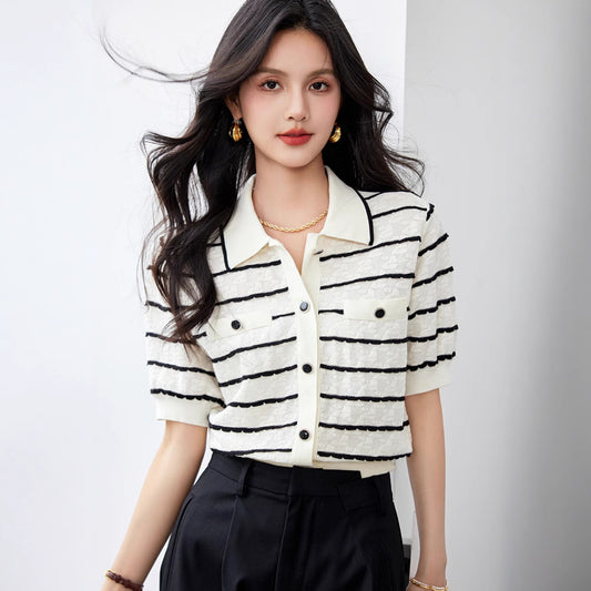 Elegant Polo Collar Striped Women's Contrast Colors Slimming Knitted Short Sleeve