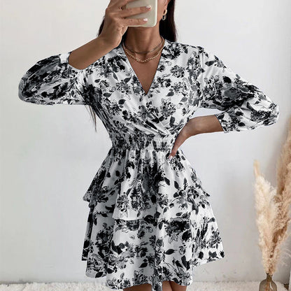 Temperament Slim Fit Printed Dress Fashion V-Neck Pleated Long Sleeves