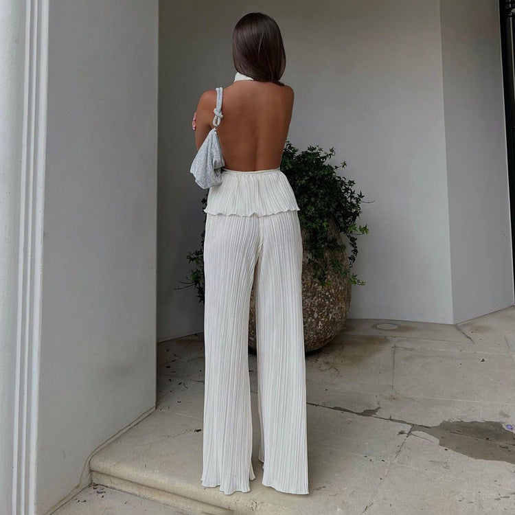 Pleated High Waist Wide Leg Pants Suit Women