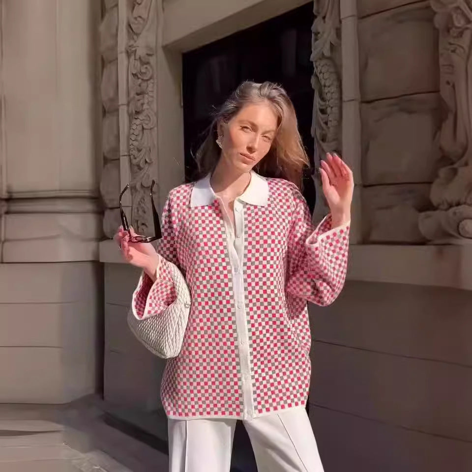 Color Matching Polo Collar Coat Cardigan Women's Clothes