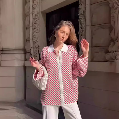 Color Matching Polo Collar Coat Cardigan Women's Clothes