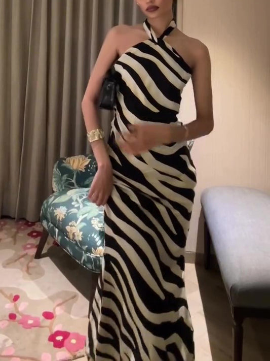 Elegant Halterneck Zebra Print Dress